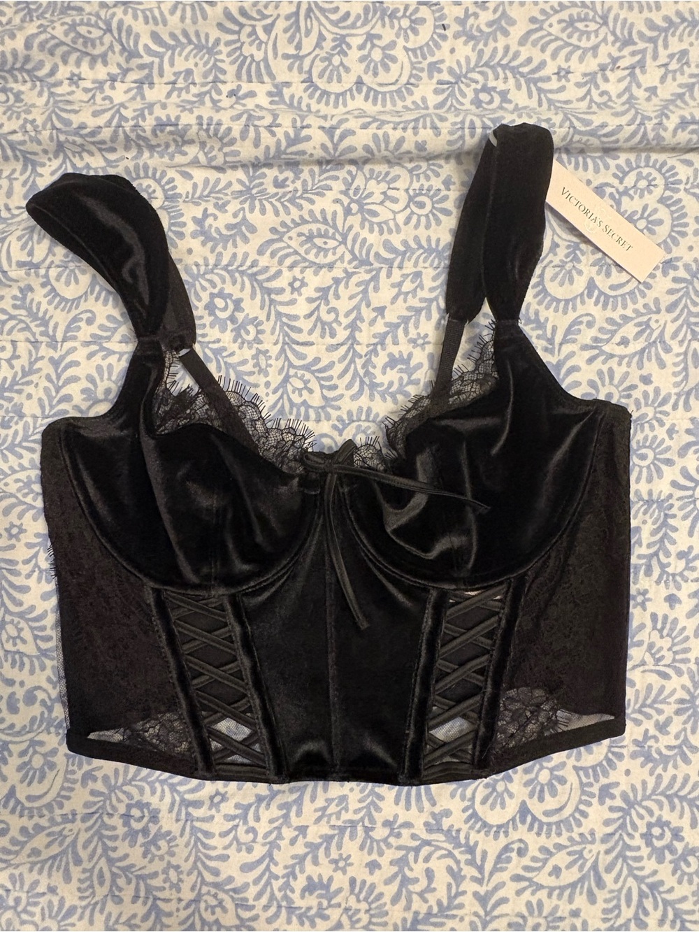Victoria's Secret Black Velvet Lace-Trim Bustier Crop Top